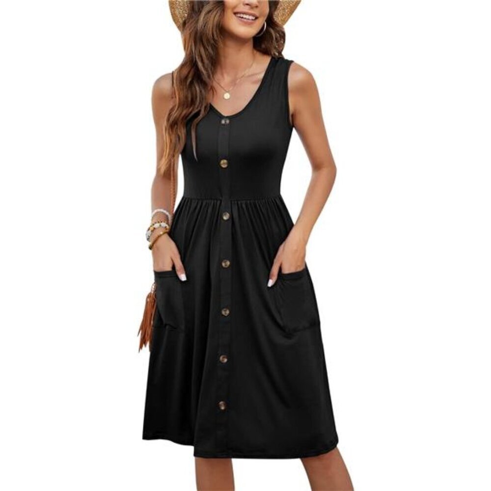Women's Sleeveless Casual Loose Swing Midi Dress with Pockets